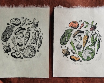 Vegetable Patch Mini Lino Print, Allotment, Farm, Homestead Gift, Vegan Food Illustration, Original Handmade, Hand Painted Linocut Art