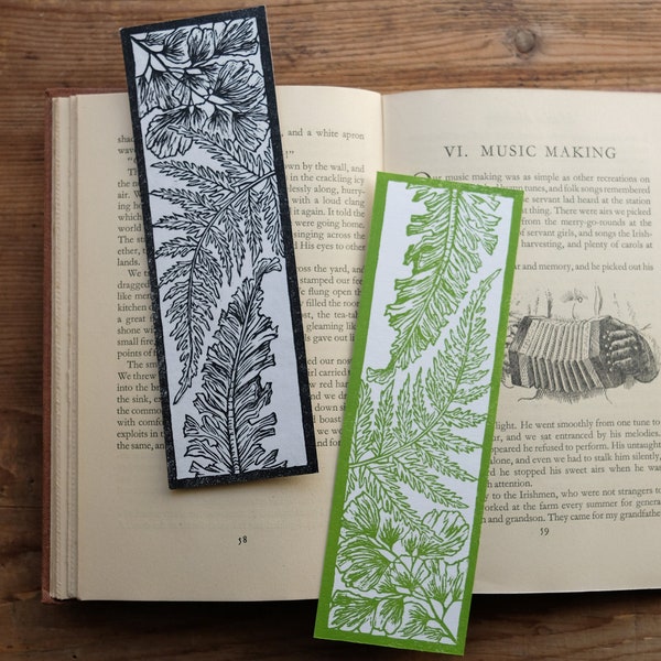 Fern Fever Lino Print Bookmark, Original Victorian Style Handmade Stationery, Botanical Linocut, Plant or Book Lovers' Gift, Black or Green