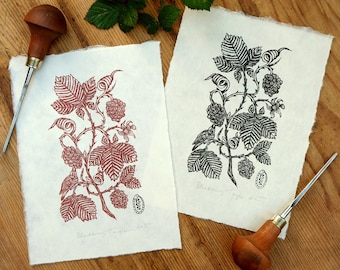 Blackberry Tangle Lino Print, Berries and Bird, Original Botanical Handmade Linocut Art, William Morris Medieval Style, Red or Black