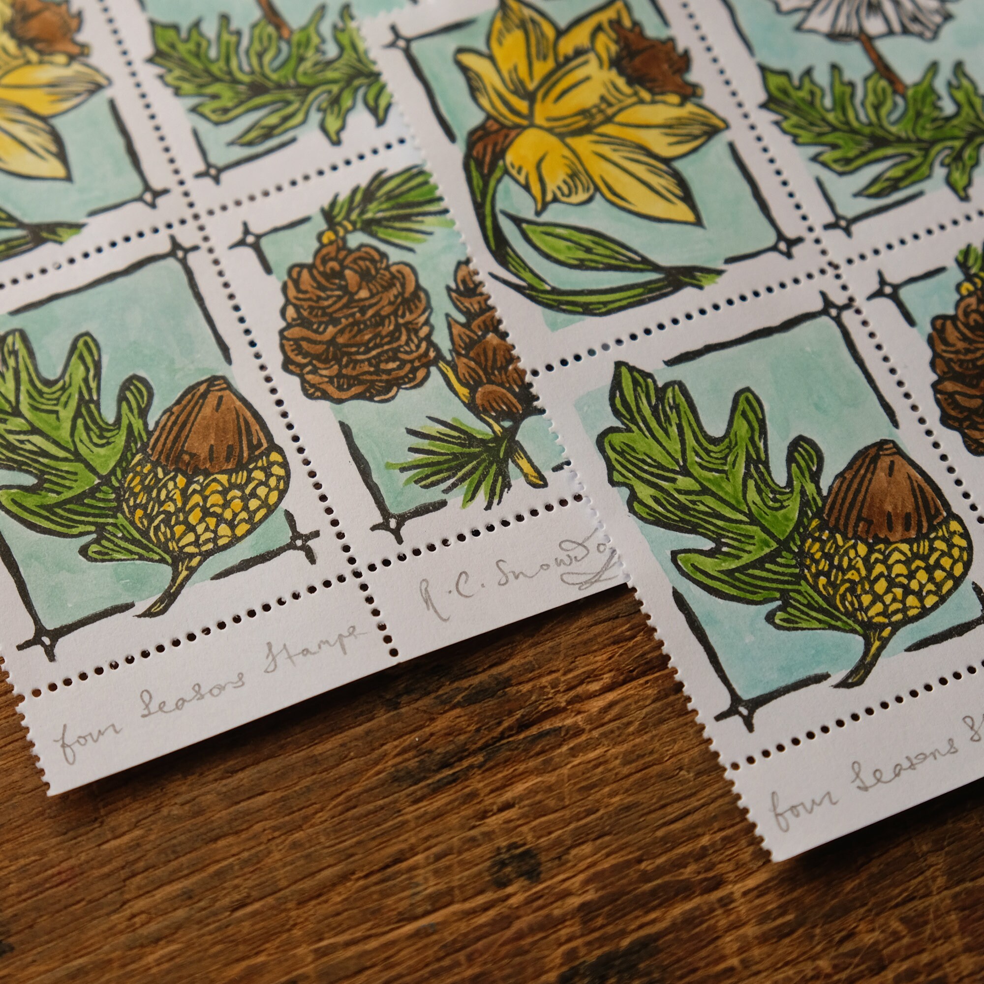 Seasonal Botanical Postage Stamp Set of 4, Four Floral Lino Print ...