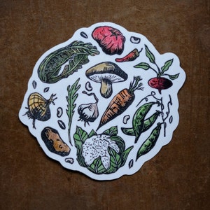 Autocollant unique de patch végétal, vinyle brillant, lotissement, ferme, cadeau de jardinage, illustration de nourriture végétalienne mignonne, décalcomanie d’ordinateur portable d’impression Lino