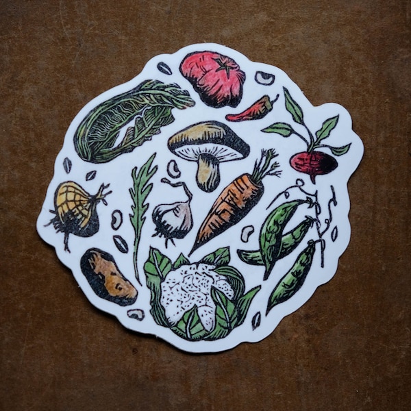 Vegetable Patch Single Sticker, Glossy Vinyl, Allotment, Farm, Gardening Gift, Cute Vegan Food Illustration, Lino Print Laptop Decal
