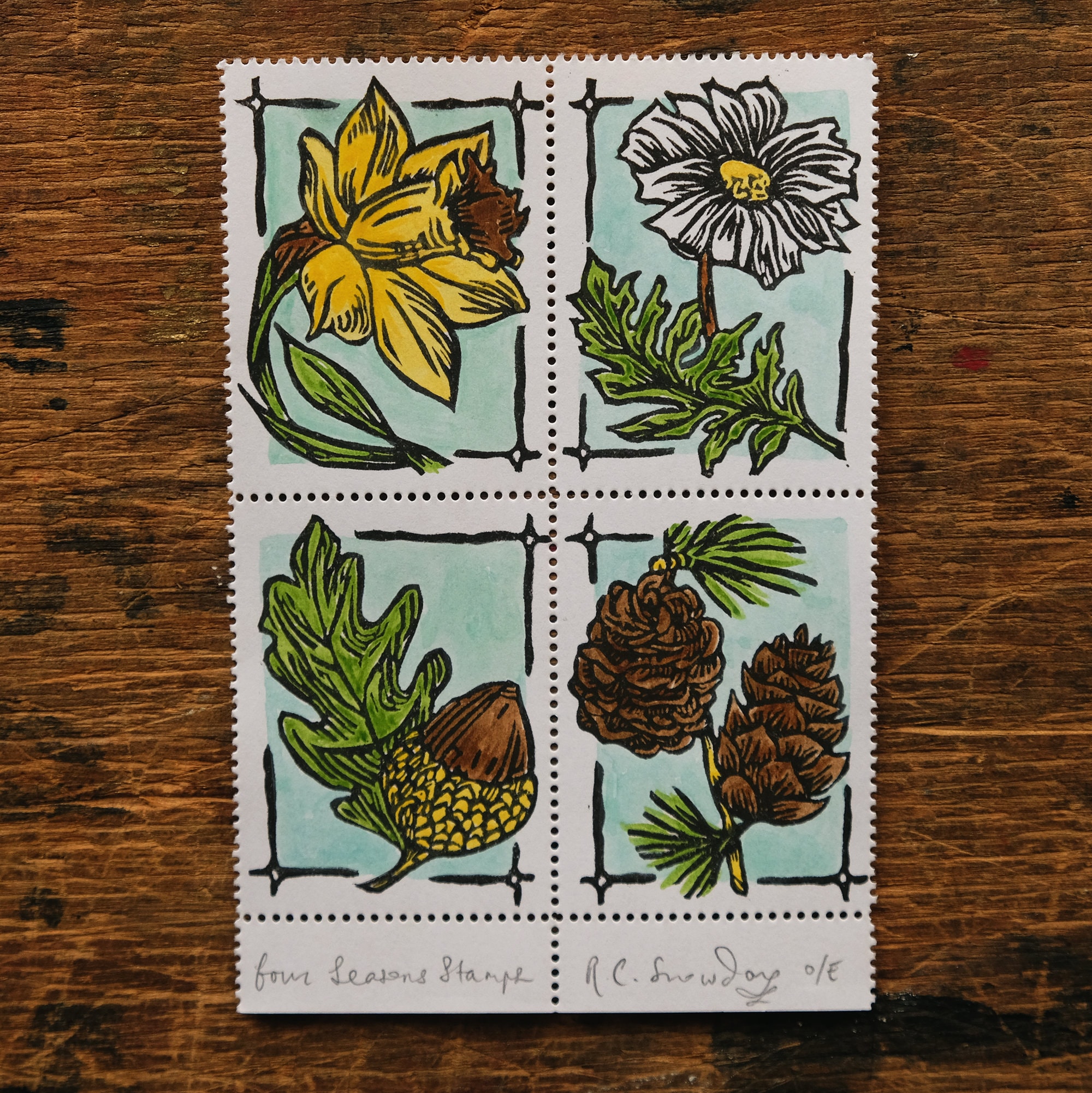 Seasonal Botanical Postage Stamp Set of 4, Four Floral Lino Print ...