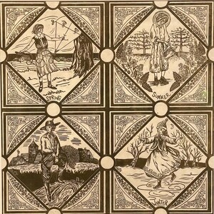 May include: A sepia-toned artwork in a square format, illustrating the four seasons. Each section shows a figure representing spring, summer, autumn, and winter, with labels. The artwork is framed with decorative borders.