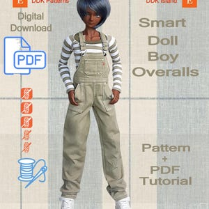May include: A doll in tan overalls, a striped long-sleeve top, and white trainers. The image features the text "Smart Doll Boy Overalls" and "Digital Download PDF". The pattern is available as a PDF tutorial.