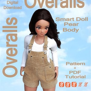 May include: A doll wearing tan corduroy overalls over a white long-sleeved shirt. The image includes the text "Overalls", "Digital Download", "Smart Doll Pear Body", and "Pattern + PDF Tutorial". The background is a blue sky with clouds.