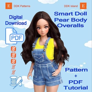 May include: A Smart Doll with long brown hair wearing a yellow top and denim overalls. The image includes text that reads "Digital Download" and "Pattern + PDF Tutorial". The doll is set against a light blue background.