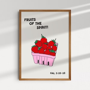 Fruit of the Spirit Print | trendy christian wall art retro scripture poster bible colorful modern christian prints strawberry digital art