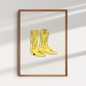 Yellow Western Cowboy Boot Print, Vintage Cowboy Sketch, Minimalist Western Poster, Cowgirl Wall Art, Dorm Digital Printable Decor
