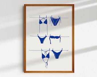 Navy Blue Bikini Print Coastal cowgirl decor, digital swimsuit poster,  beach wall art, ocean island art, trendy room decor, minimalist