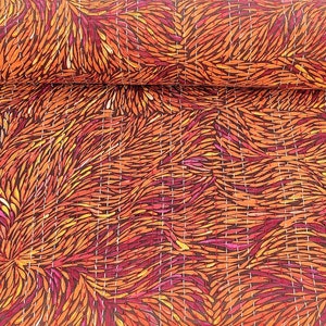 Edredón Kantha con estampado indio naranja y rojo, manta de algodón hecha a mano, cubrecama con estampado abstracto de fuego, manta bohemia, cubrecama Kantha Jaipuri