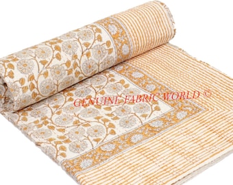 Mustard Floral Border Kantha Quilt Handmade Cotton Bedspread Indian Block Print Blanket Boho Bedding Artisan Jaipur
