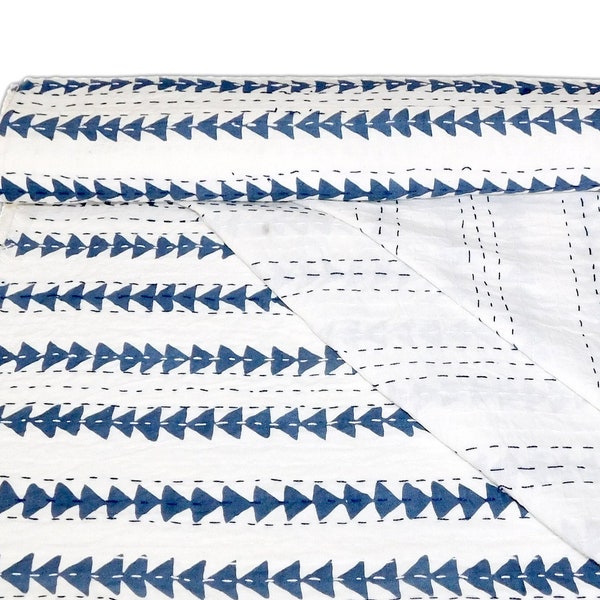 Indian Blue Quilt full Queen size quilt Aqua Indian quilt lightweight kantha throw blanket navy Full summer bedspread navy white Blue white