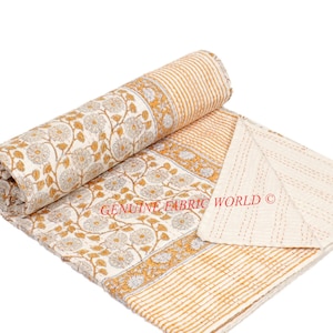 Mustard Floral Kantha Quilt – Handmade Block Print Cotton Bedspread, Reversible Boho Throw Blanket, Vintage Bedding from Jaipur