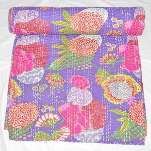 Purple Floral Kantha Quilt – Handmade Vintage Throw Blanket – Boho Cotton Bedspread – Colorful Reversible Bedding Cover