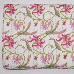 Pink Floral Indian Kantha Blanket, Handmade Cotton Blanket, Indian Block Print Bedding, Reversible Boho Bedspread, Vintage Style Throw Quilt