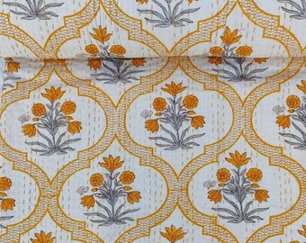 Yellow Mustard Indian Kantha Quilt, Handmade Block Print Cotton Bedspread, Indian Floral Reversible Throw Blanket, Boho Farmhouse Bedding
