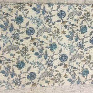 Blue Floral Handmade Block Print Kantha Quilt, Handmade Cotton Blanket, Reversible Block Print Bedspread Throw Grey Kantha Bedspreads