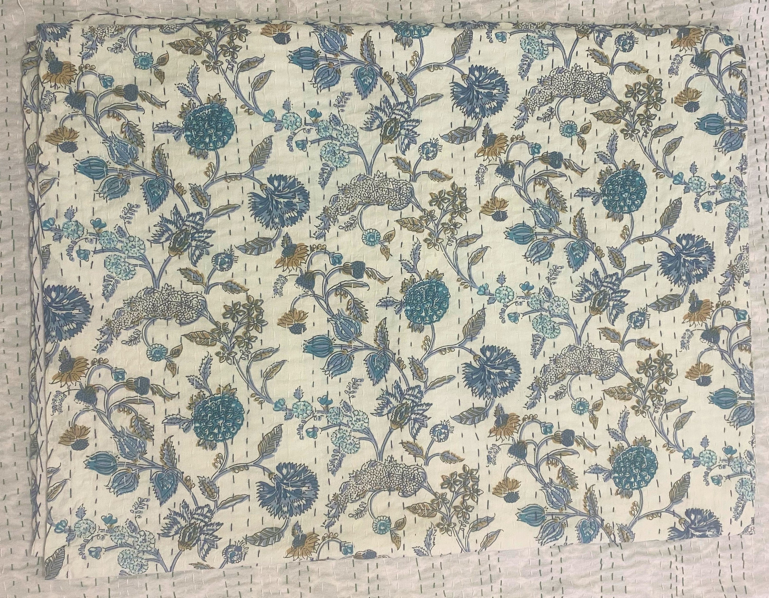 Blue Floral Handmade Block Print Kantha Quilt, Handmade Cotton Blanket, Reversible Block Print Bedspread Throw Grey Kantha Bedspreads