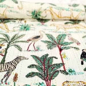 Handmade Kantha Quilt: Jungle Safari Print Cotton Bedspread