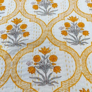 Yellow Floral Kantha Quilt: Handmade Reversible Cotton Boho Bedding