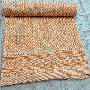 Kantha Indian cotton handmade quilt bedding Orange Quilt Indian Kantha artistry Bedspreads quilt Handblocked Orange and White Handmade