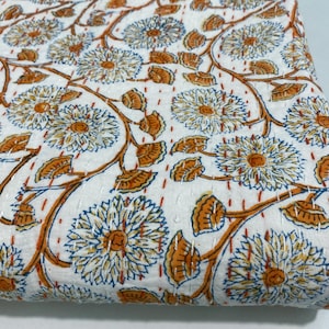 Orange Floral Kantha Quilt: Handmade Indian Block Print Bedspread