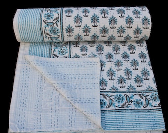 Handmade Block Print Duvet Cover Blue Palm Kantha Quilt | Soft Cotton Boho Bedspread | Jaipur Artisan Bedding for Cozy Home Décor