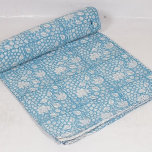 Sky Blue Indian Kantha Quilt Handmade Cotton Bedspread, White Floral Block Print Blanket, Reversible Lightweight Throw Quilt Boho Bedding