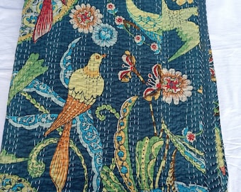 Hand Stitched Kantha Quilt: Bird Print Cotton Bedspread