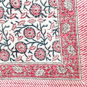 Pink Floral Kantha Quilt Throw – Hand Block Print Cotton Blanket – Reversible Indian Bedspread with Border – Boho Handmade Bedding