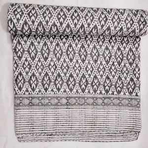 Handmade Indian Block Print Kantha Quilt: Grey & White Indian Block Print Bedspread Floral Block Print Kantha Bedspreads