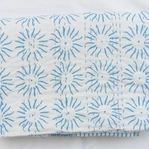 Blue Sun Print Kantha Quilt: Reversible Boho Bedspread