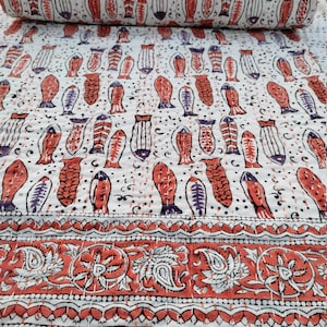 Fish Block Print Kantha Quilt: Handmade Indian Cotton Throw Blanket