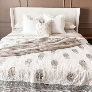 Brown White Indian Kantha Quilt Handmade Cotton Bedspread | Tree of Life Block Print Blanket | Boho Bedding Throw | Queen King Size Quilt