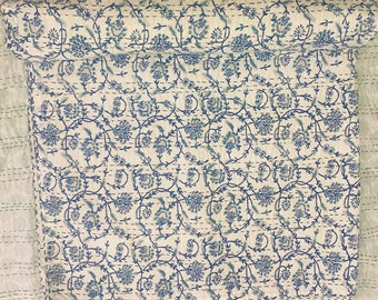 Blue Floral Vine Block Print Kantha Quilt Handmade Cotton Bedspread Indian Kantha Blanket Boho Bedding Twin Queen King