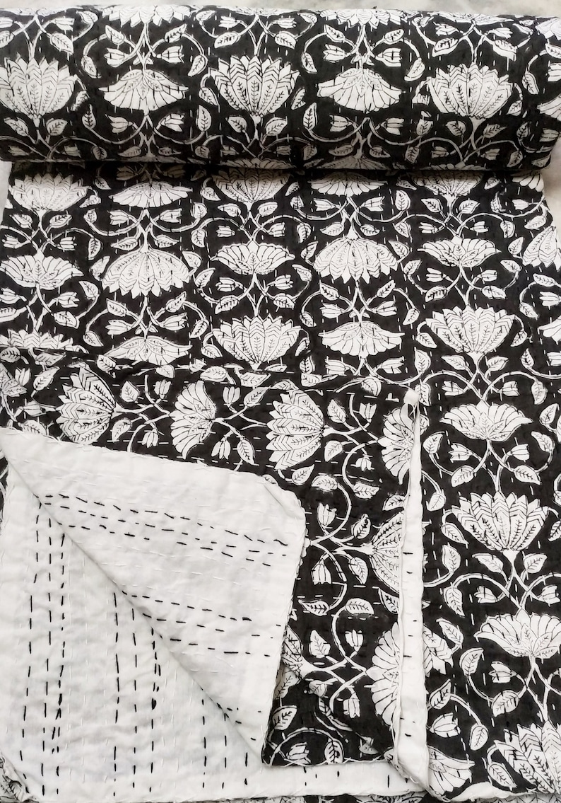 Black Queen Kantha Quilt Black and White Black Kantha Quilt Etsy