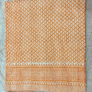 Manta Kantha naranja con estampado de bloques, colcha india, cubrecama de algodón hecha a mano de Jaipur, manta de cama estilo bohemio.