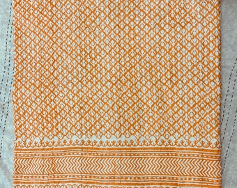 Orange Kantha Throw Block Print Indian Quilt, Handmade Cotton Bedspread from Jaipur, Boho Bedding Blanket