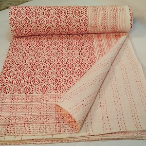 Red Floral Kantha Quilt: Handmade Indian Cotton Throw Blanket