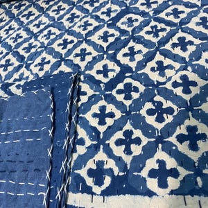 Indigo Blue Handmade Indian Block Print Kantha Quilt, Block Print Cotton Bedspread, Handmade Boho Throw Blanket Indigo Blue Kantha Bedcover