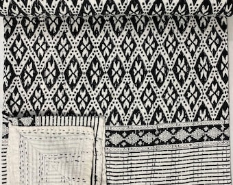 Indian Kantha Quilt Black White Ikat Block Print Handmade Cotton Bedspread Throw Blanket Geometric Border Reversible Jaipur