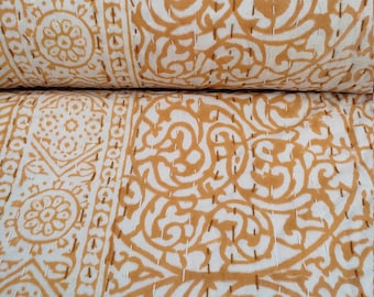 Mustard Yellow Kantha Quilt Handmade Block Print Cotton Boho Bedspread