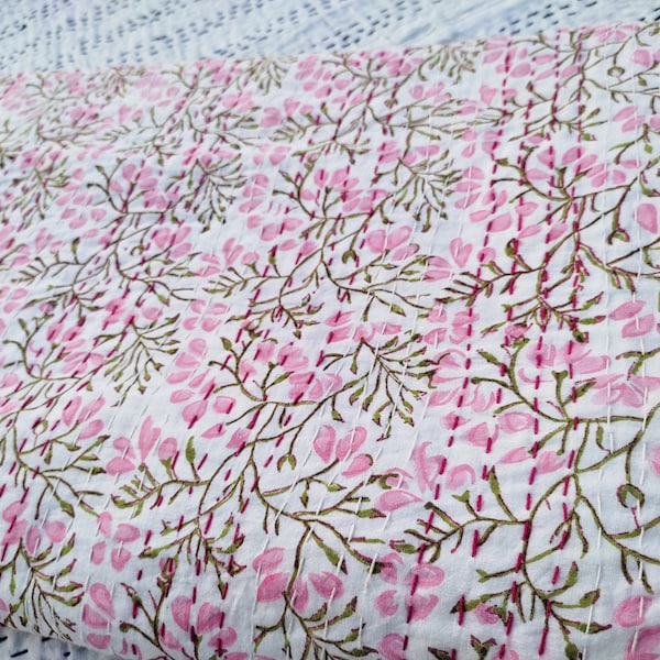 Pink Floral Block Print Kantha Quilt, Handmade Cotton Bedspread from Jaipur, Soft Lightweight Boho Bedding Throw Blanket