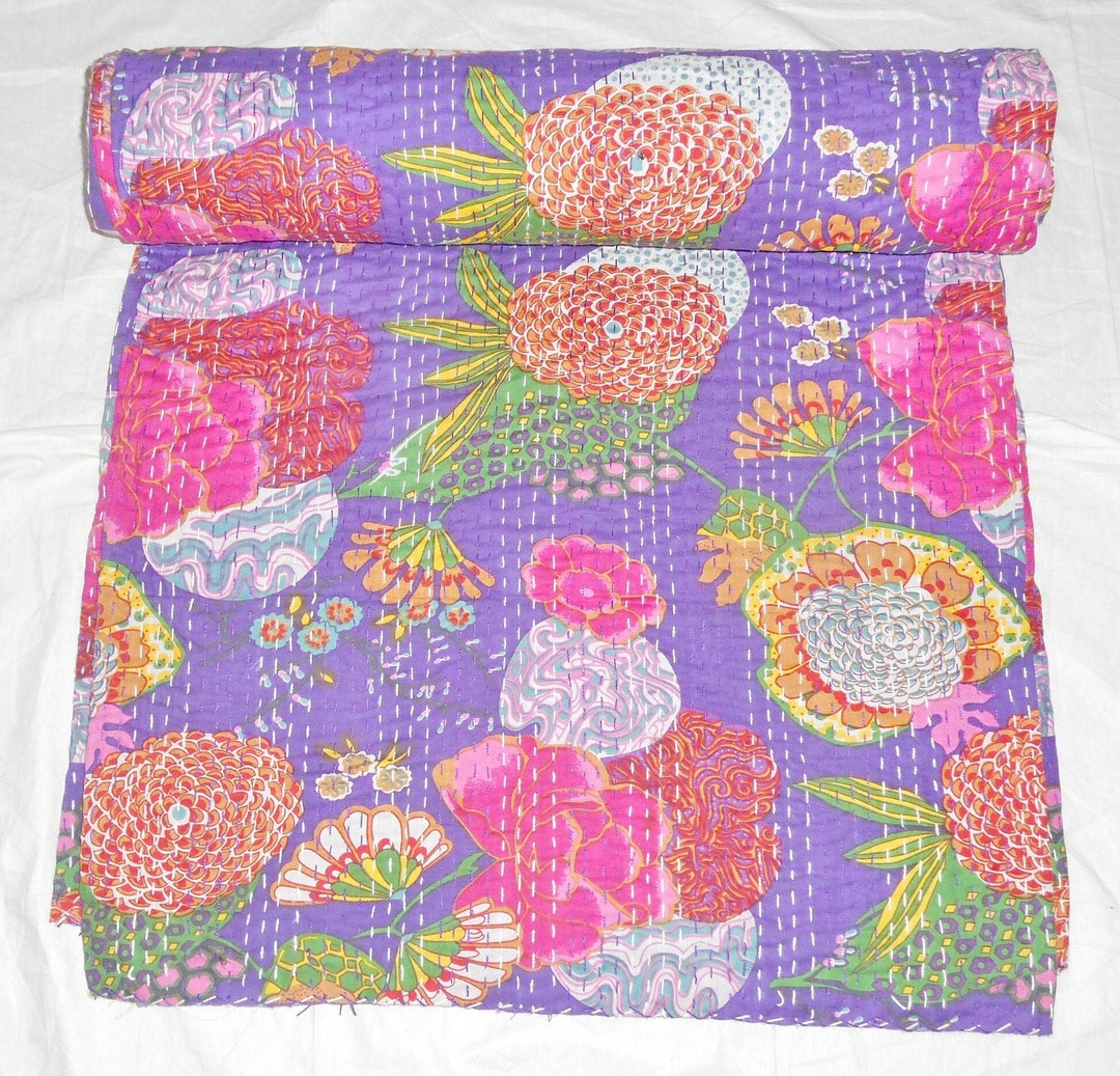 Kantha Bed Cover Kantha Coverlet Queen Size Indian Fruit Quilt Full