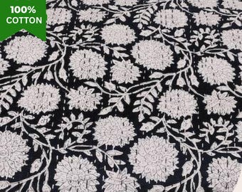 Black White Floral Kantha Quilt Handmade Cotton Block Print Bedspread Boho Bedding Throw Blanket Reversible Indian Quilt