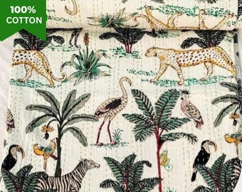 Edredón estampado a mano / Manta de algodón con estampado de safari en la jungla / Manta con estampado de vida silvestre para niños y decoración del hogar