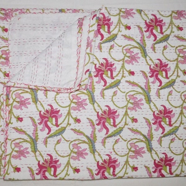 Indian Kantha Quilt Block Printed Kantha Blanket, kantha quilt pink Pink Cotton Kantha Bedspread Pink tagesdecke baumwolle kantha quilt