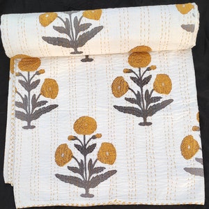 Double Layer Kantha Quilt | Hand-Embroidered Yellow Marigold Bedding | Soft Cotton Throw Blanket | Boho Floral Quilt | Indian Summer Quilt