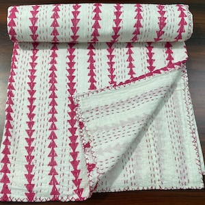 Pink Triangle Kantha Quilt Handmade Cotton Throw Blanket, Modern Block Print Reversible Bedspread, Minimal Boho Quilt for Kids or Cozy Decor